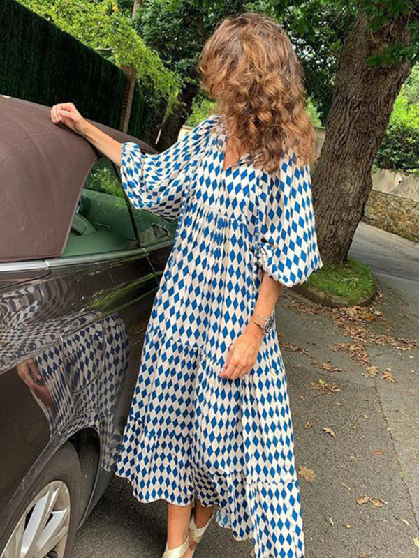 Geometric Collage Puff Sleeve Dress Street Holiday Women’s Clothing
