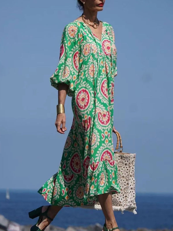 Geometric Collage Puff Sleeve Dress Street Holiday Women’s Clothing