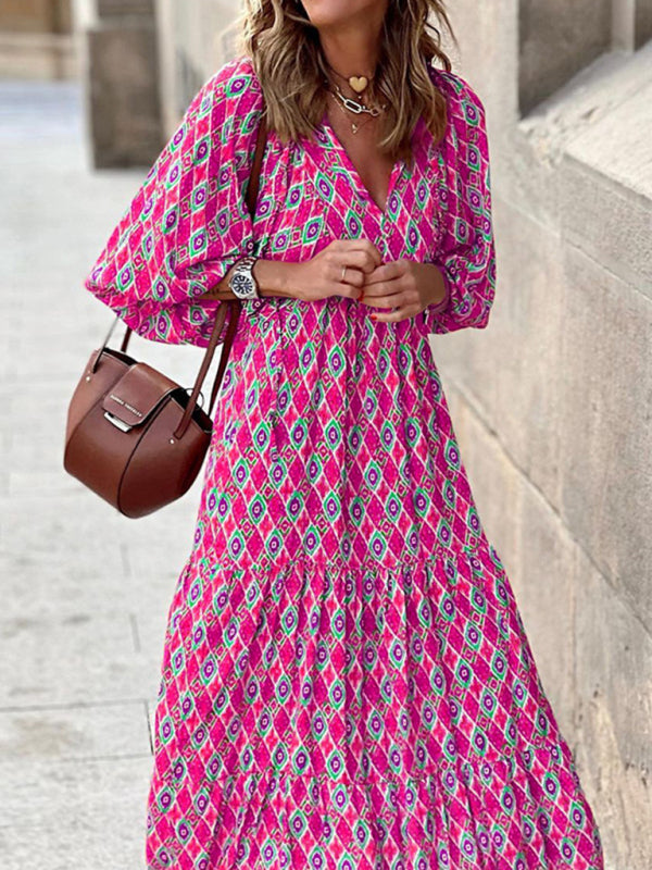 Geometric Collage Puff Sleeve Dress Street Holiday Women’s Clothing - Pattern1 / S