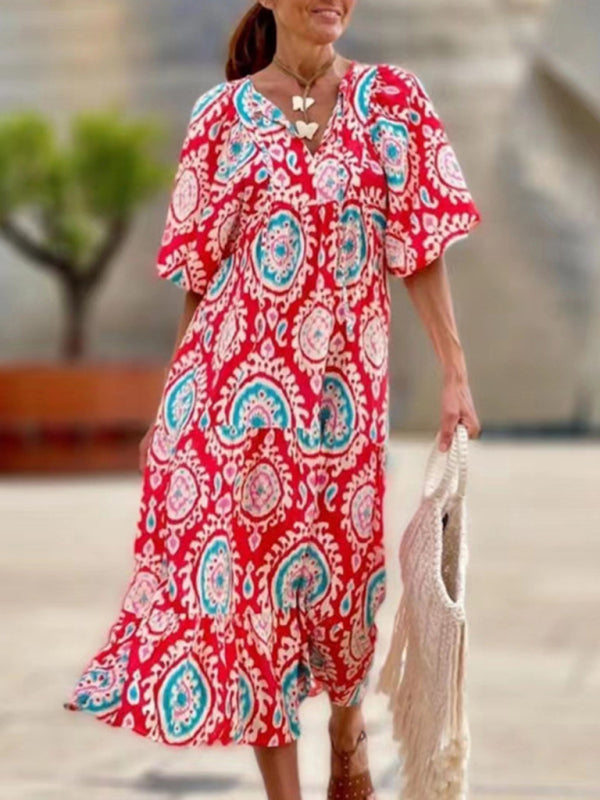 Geometric Collage Puff Sleeve Dress Street Holiday Women’s Clothing - Pattern4 / S