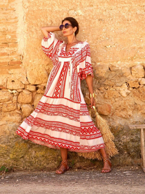 Geometric Collage Puff Sleeve Dress Street Holiday Women’s Clothing