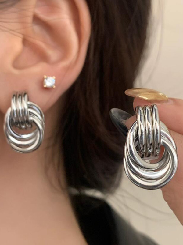 Geometric multi-layer hoop earrings earrings new style women’s fashion versatile accessories - Silver grey / FREESIZE