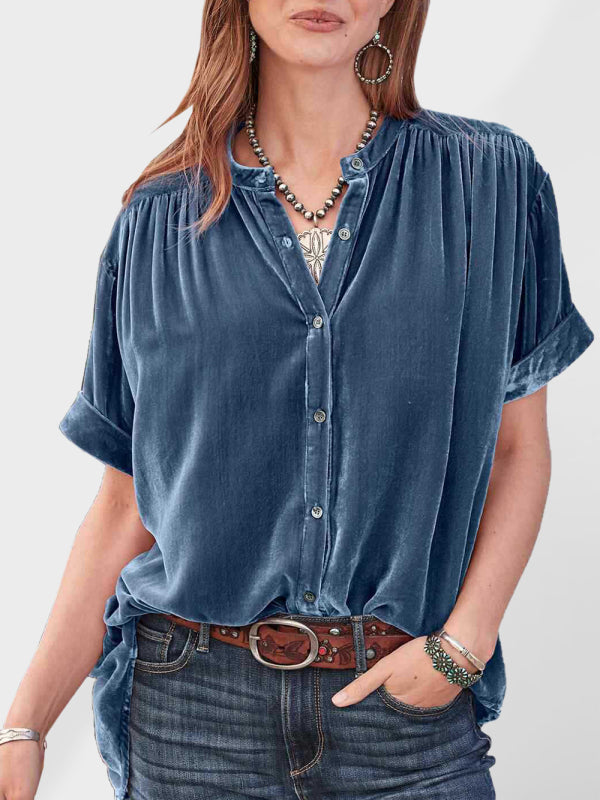 Gold velvet solid color short-sleeved round neck shirt shirt - Purplish blue navy / S