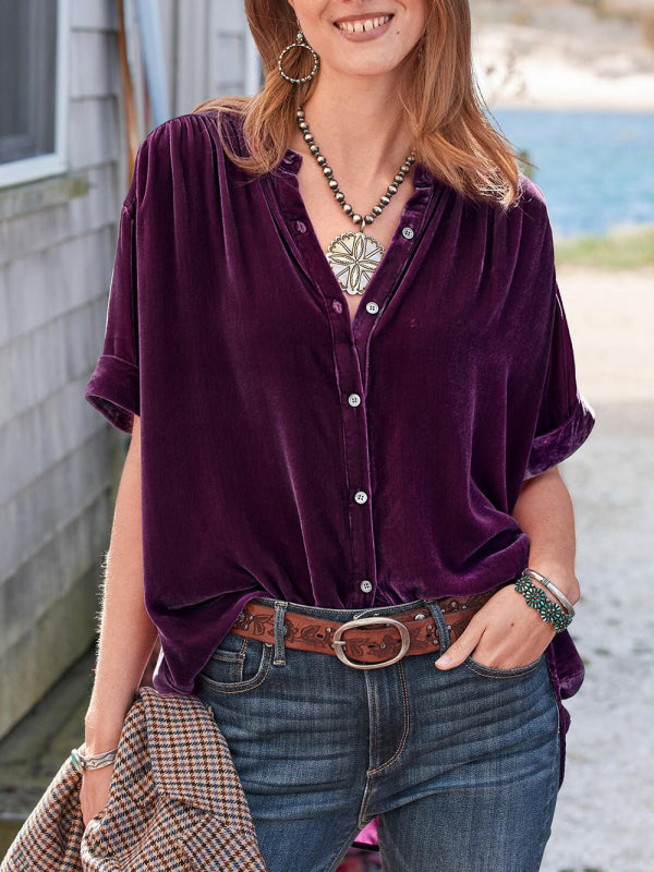 Gold velvet solid color short-sleeved round neck shirt shirt - Purplish red / S