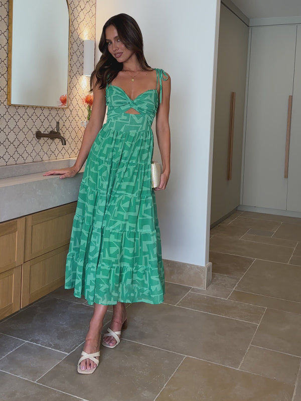Green patterned sundress from Green Graphic Print Seaside Vacation collection