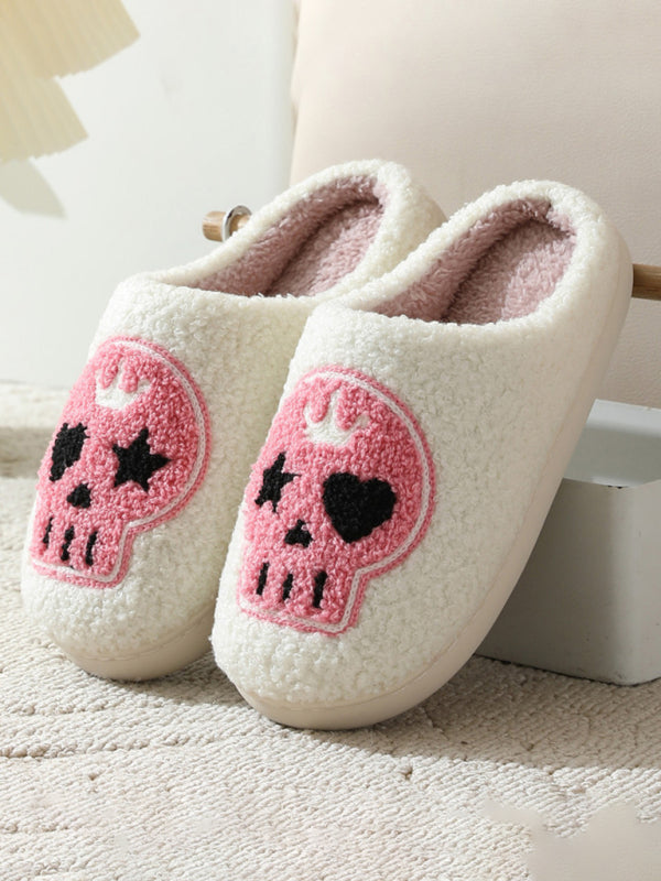 Halloween contrasting skull pattern indoor home plush warm slippers - White / 35
