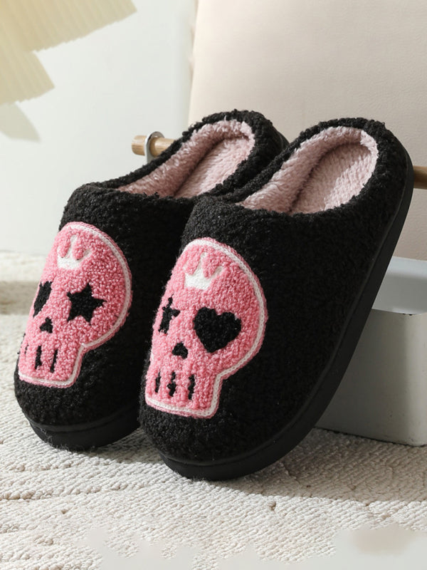 Halloween contrasting skull pattern indoor home plush warm slippers - Black / 35