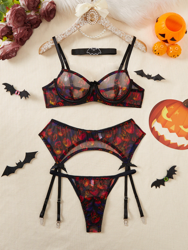 Halloween Erotic Lingerie 4 Piece Skull Printed Bat Neck Sleeve Garter Socks Set - Black / S