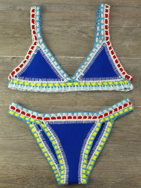 Blue crochet-trimmed bikini from Hand Crocheted Bikini Knit Panel Swimsuit Set