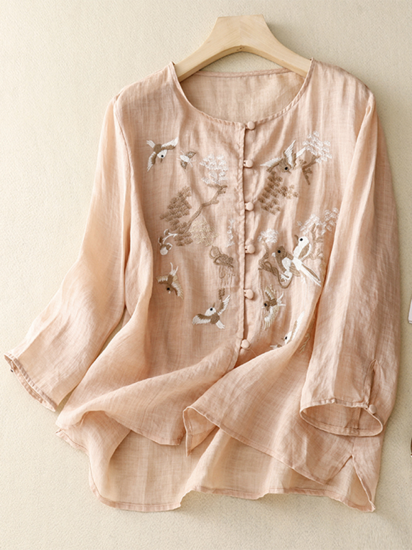 Heavy Embroidery Shirt Women’s Round Neck Thin Slit Retro Linen Top - Pink / M
