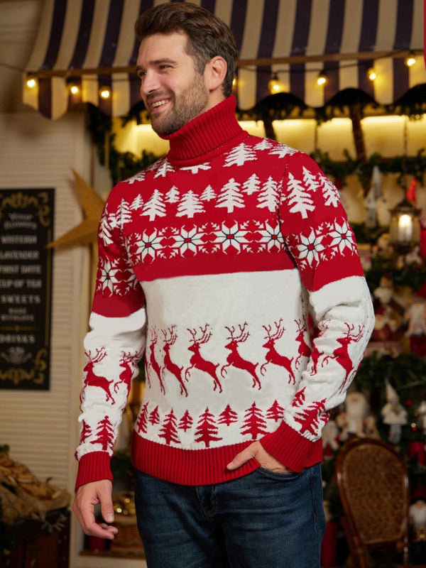 High Neck Christmas Theme Jacquard Couple Long Sleeve Sweater - Pattern2 / S