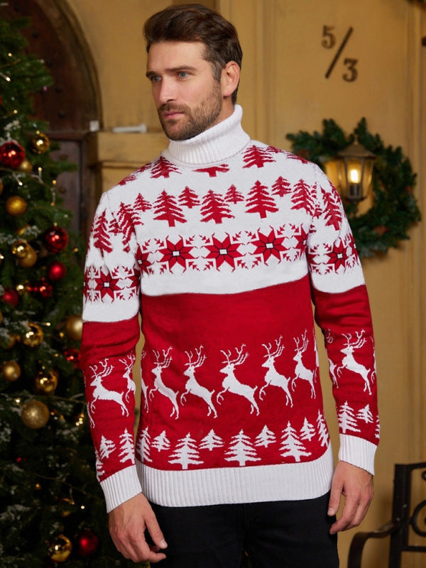 High Neck Christmas Theme Jacquard Couple Long Sleeve Sweater - Pattern1 / S