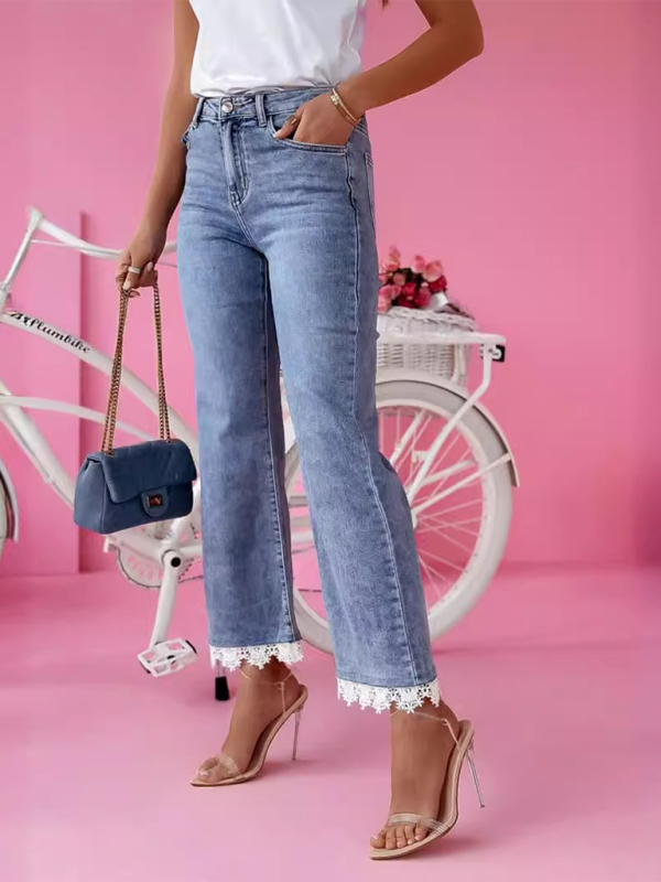 High waist slim fit bootcut jeans for women with fresh hem lace trousers - Blue / S