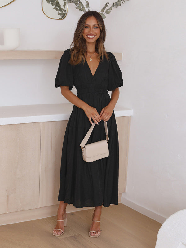 Holiday Style Deep V Puff Sleeve Dress - Black / S