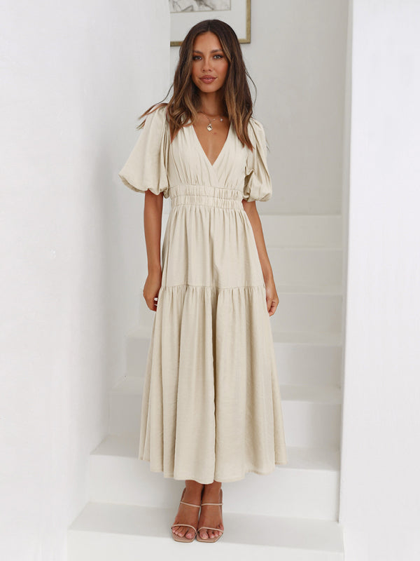 Holiday Style Deep V Puff Sleeve Dress - Cracker khaki / M