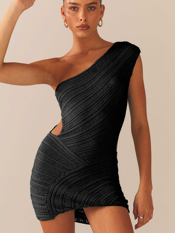 Hollow sexy tight short skirt with hollowed waist and one shoulder patchwork dress - Black / S