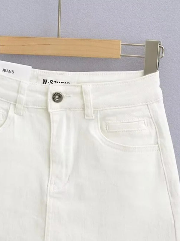 Hot girl’s high-waist elastic hip-covering slim-fit anti-exposure raw edge A-line denim skirt