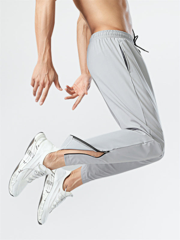 Ice silk quick-drying breathable fitness drawstring casual side zipper trousers - Misty grey / S