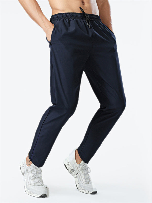 Ice silk quick-drying breathable fitness drawstring casual side zipper trousers - Black / S