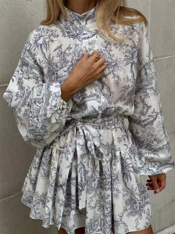Ink printed puff sleeves stand collar lace-up retro a-line short dress - Grey / S