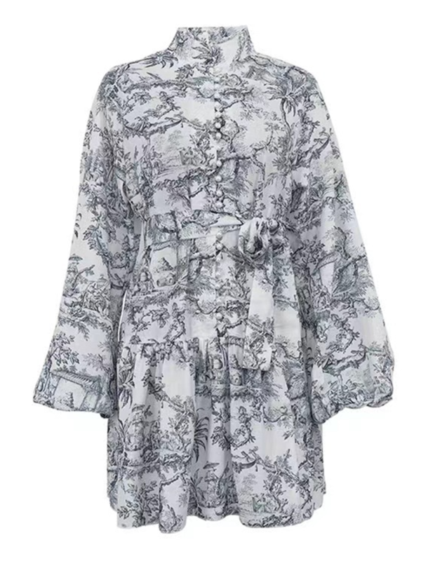 Ink printed puff sleeves stand collar lace-up retro a-line short dress
