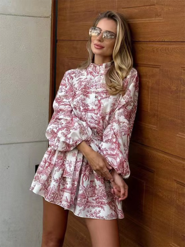 Ink printed puff sleeves stand collar lace-up retro a-line short dress