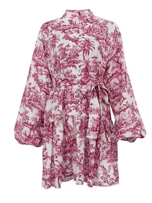 Ink printed puff sleeves stand collar lace-up retro a-line short dress