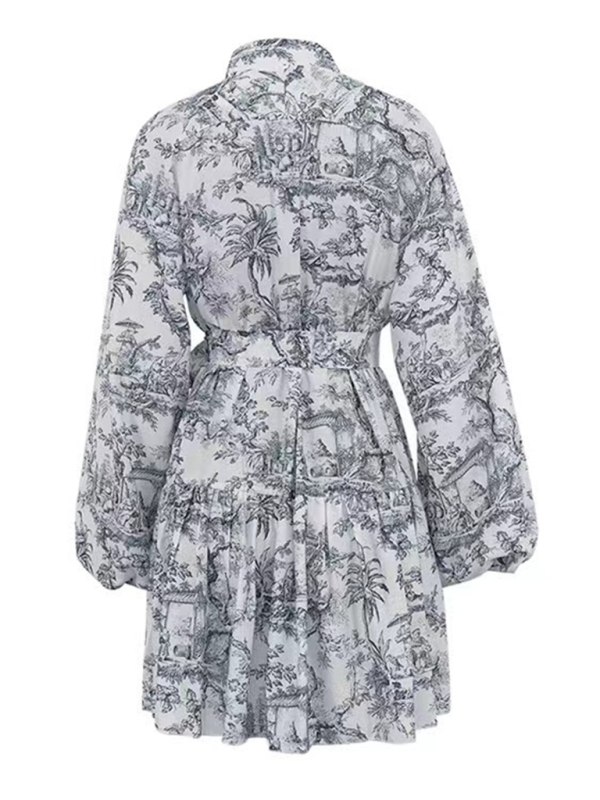 Ink printed puff sleeves stand collar lace-up retro a-line short dress