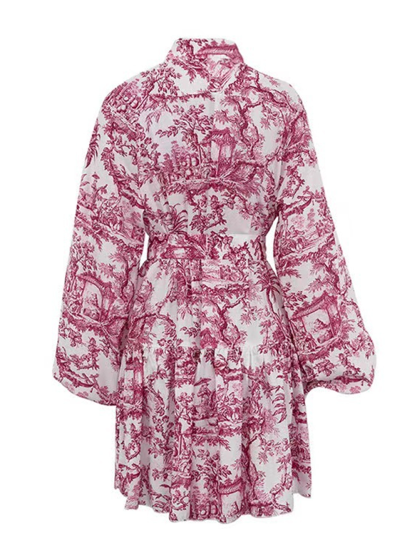 Ink printed puff sleeves stand collar lace-up retro a-line short dress