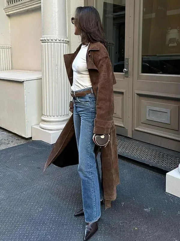 Khaki Trench Coat Double Breasted Lapel Coat - Coffee / S