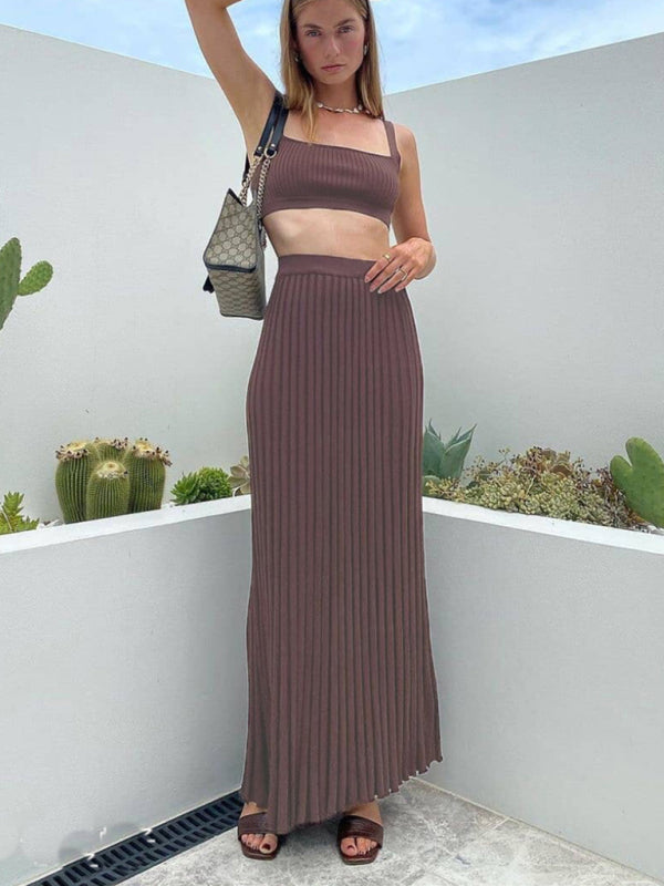 Knitted Camisole + Skirt Elegant Sleeveless Short Top Pleated Skirt Set - Coffee / S