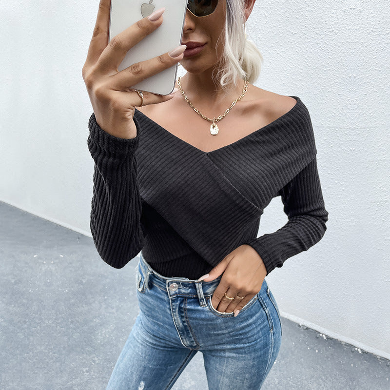 Knitwear solid color one shoulder hot girl top - Closther