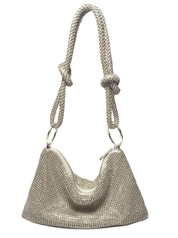 Knotted rhinestone pure handmade new diamond full diamond armpit bag - Golden / F