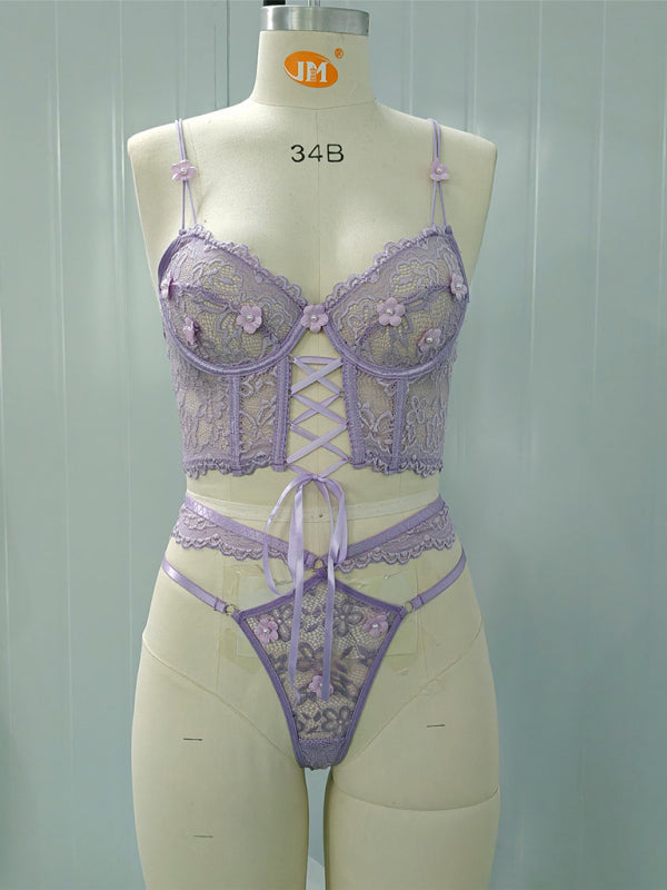 Lace bra with sexy beading 3D flowers perspective underwear set