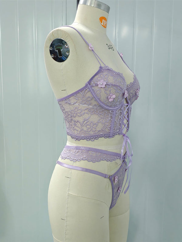 Lace bra with sexy beading 3D flowers perspective underwear set