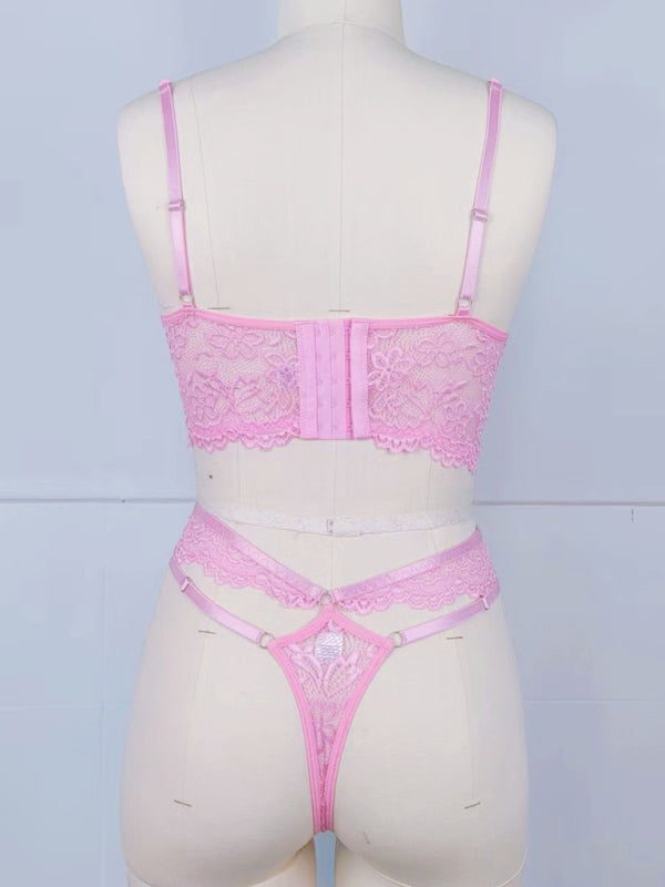 Lace bra with sexy beading 3D flowers perspective underwear set