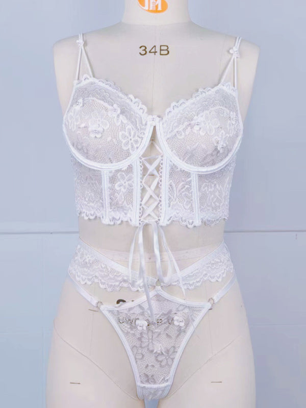 Lace bra with sexy beading 3D flowers perspective underwear set - White / S