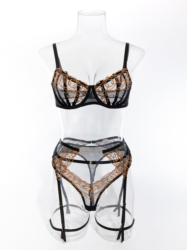 Lace transparent gold embroidery sexy hot girl underwear set