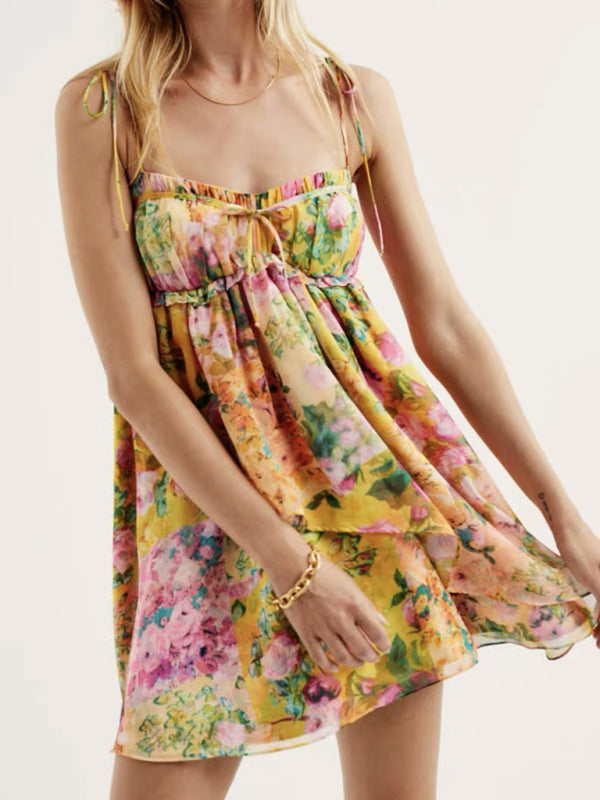 Lace-up French niche color-block floral sling dress with wooden ears - Yellow / S