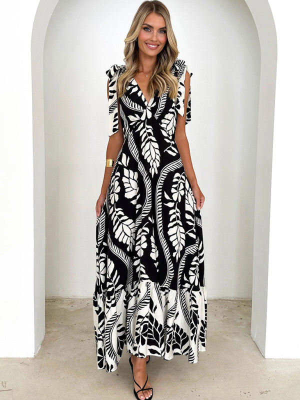 Lace-up women’s long dress V-neck sleeveless printed dress - Black / S