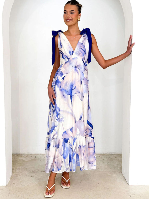 Lace-up women’s long dress V-neck sleeveless printed dress - Blue / S