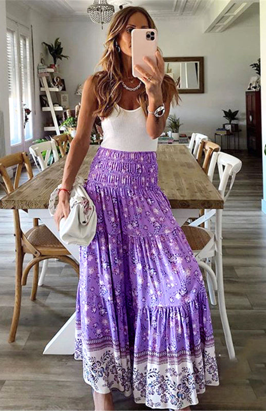 Ladies Casual Fashion Boho Print Skirt - Purple / S