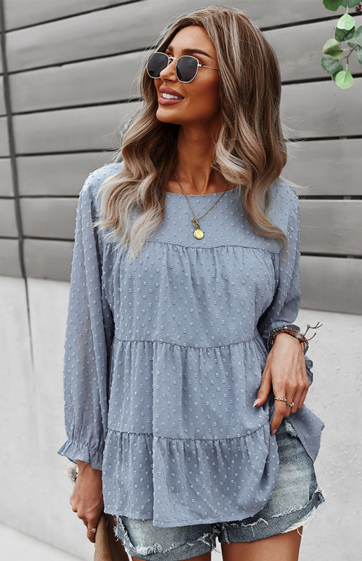 Ladies Casual Round Neck Casual Jacquard Top - Blue / S