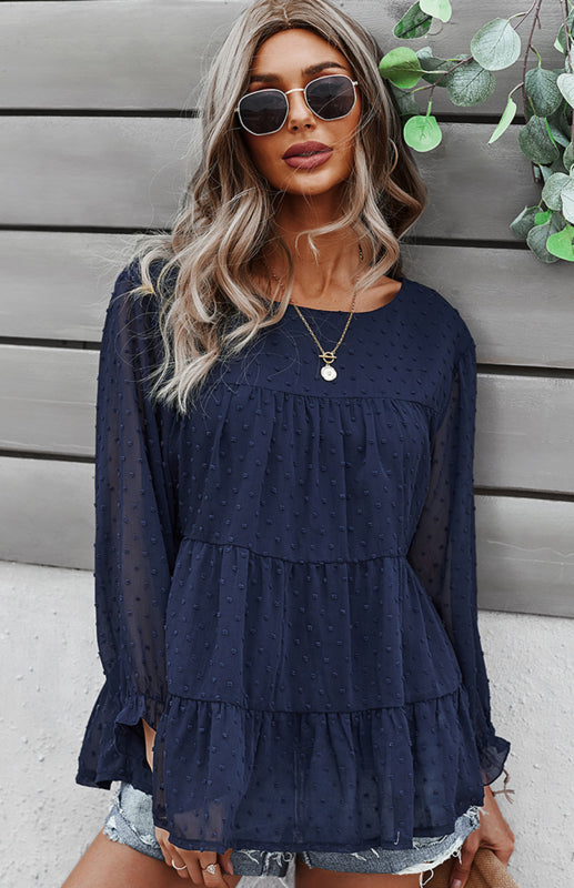 Ladies Casual Round Neck Casual Jacquard Top - Champlain color / S