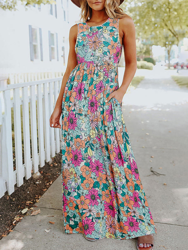 Ladies Floral Print Round Neck Sleeveless Maxi Dress - Pink / S