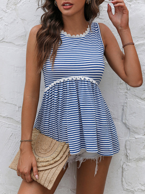 Ladies Lace Panel Crew Neck Striped Knit Tank Top - Blue / S