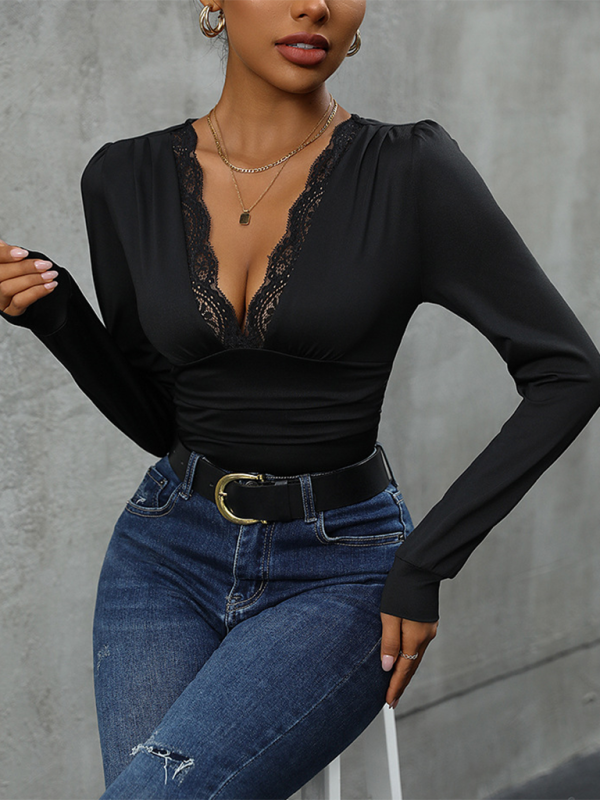 Ladies lace stitching long sleeve solid color bodysuit - Black / S