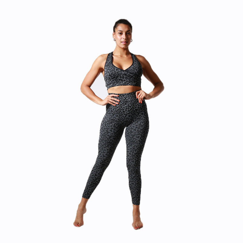 Ladies Leopard Print Beauty Back Bra Yoga Set - Dark Gray / S