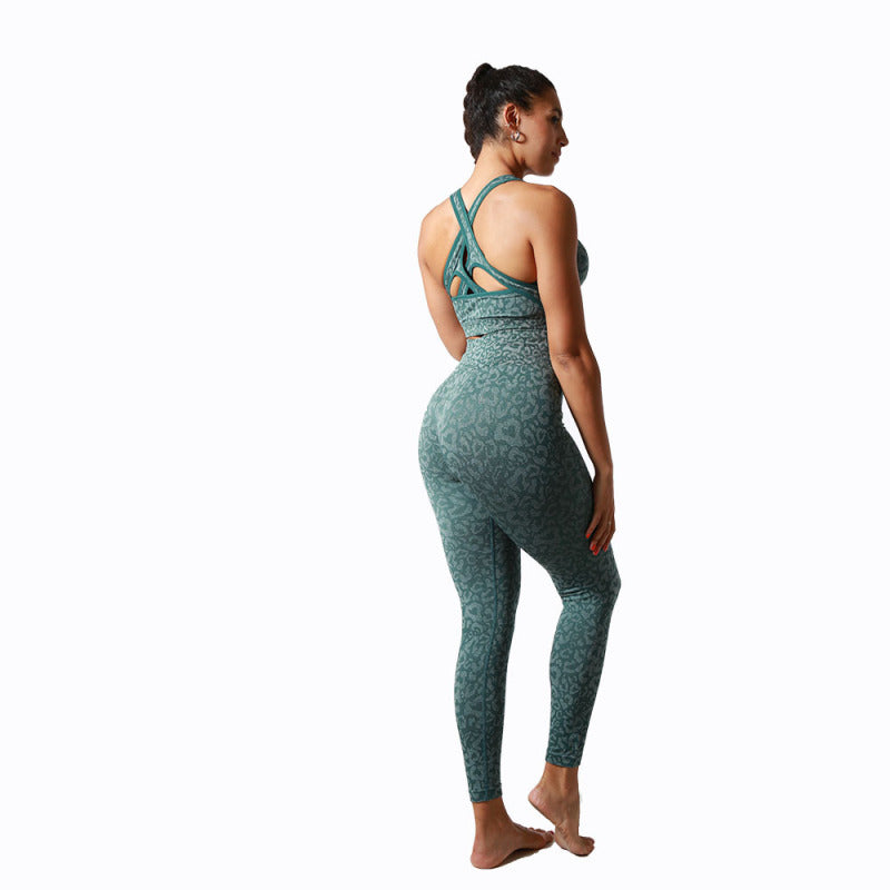 Ladies Leopard Print Beauty Back Bra Yoga Set - Green black jasper / S