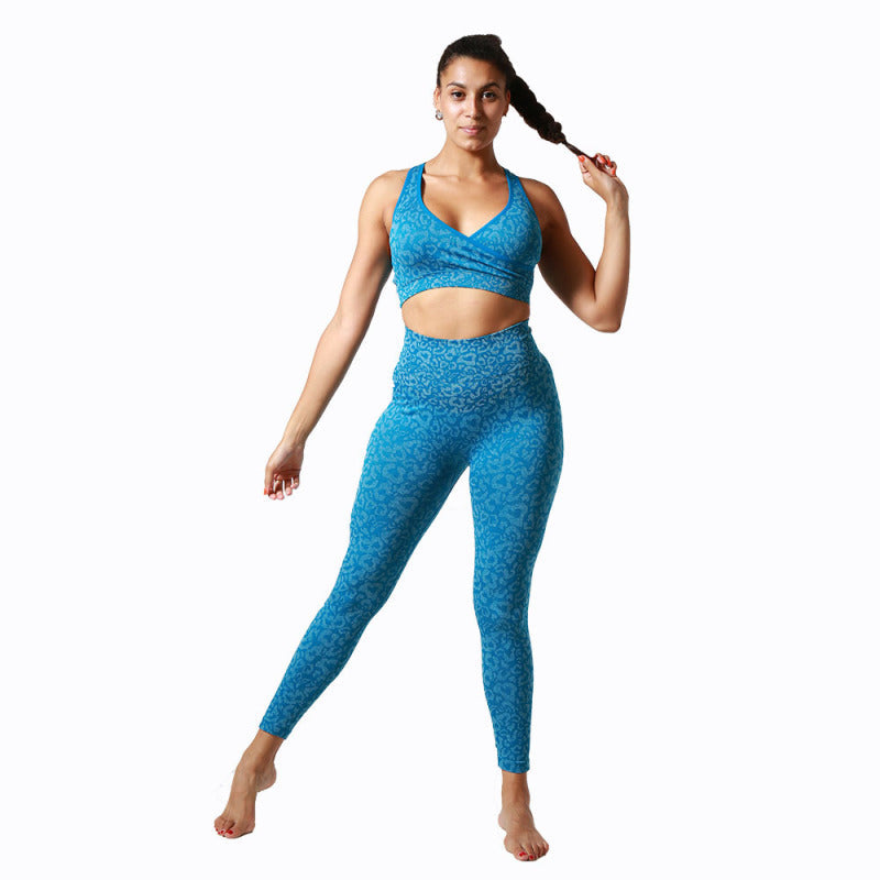 Ladies Leopard Print Beauty Back Bra Yoga Set - Royal blue / S